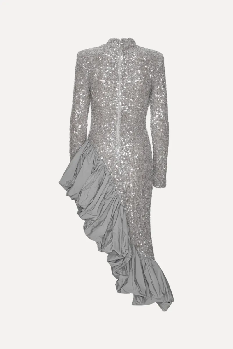 Sequins|Midi Dresses-ROTATE Birger Christensen Sequin Asymmetric Dress Grey Alloy (Light Gray) color