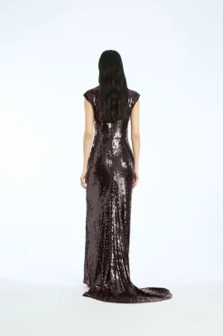 Sequins|Maxi Dress-ROTATE Birger Christensen Sequin Cap Sleeve Dress Burgundy Zinfandelcolor