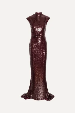 Sequins|Maxi Dress-ROTATE Birger Christensen Sequin Cap Sleeve Dress Burgundy Zinfandelcolor