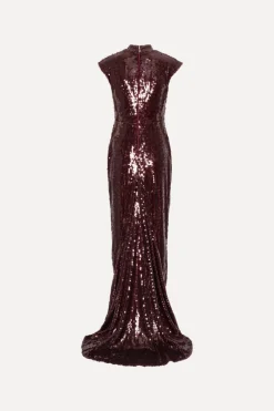 Sequins|Maxi Dress-ROTATE Birger Christensen Sequin Cap Sleeve Dress Burgundy Zinfandelcolor