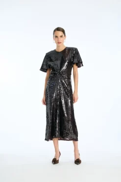 Sequins|Midi Dresses-ROTATE Birger Christensen Sequin Dress W. Slit Dark Brown Chocolate Plum (Brown) Comb. color