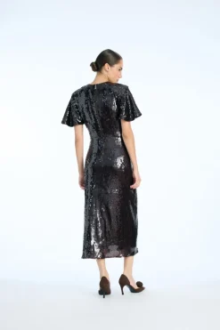 Sequins|Midi Dresses-ROTATE Birger Christensen Sequin Dress W. Slit Dark Brown Chocolate Plum (Brown) Comb. color