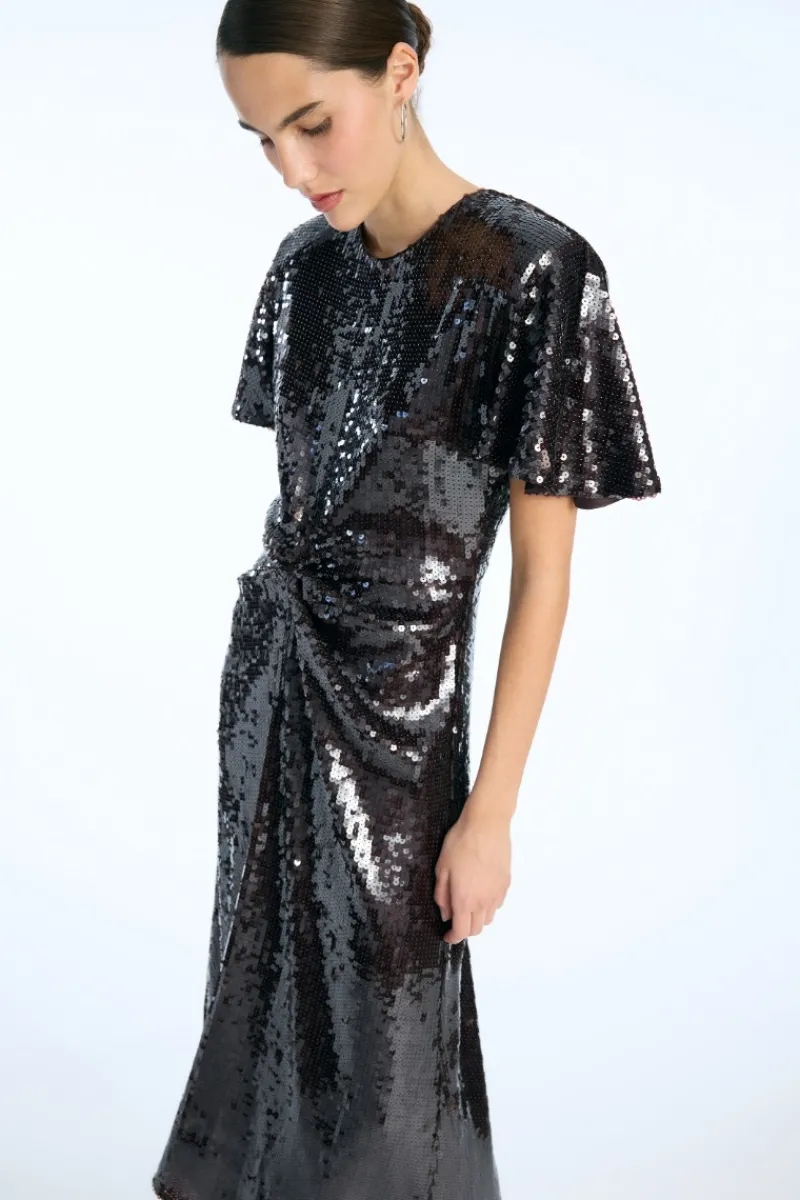 Sequins|Midi Dresses-ROTATE Birger Christensen Sequin Dress W. Slit Dark Brown Chocolate Plum (Brown) Comb. color