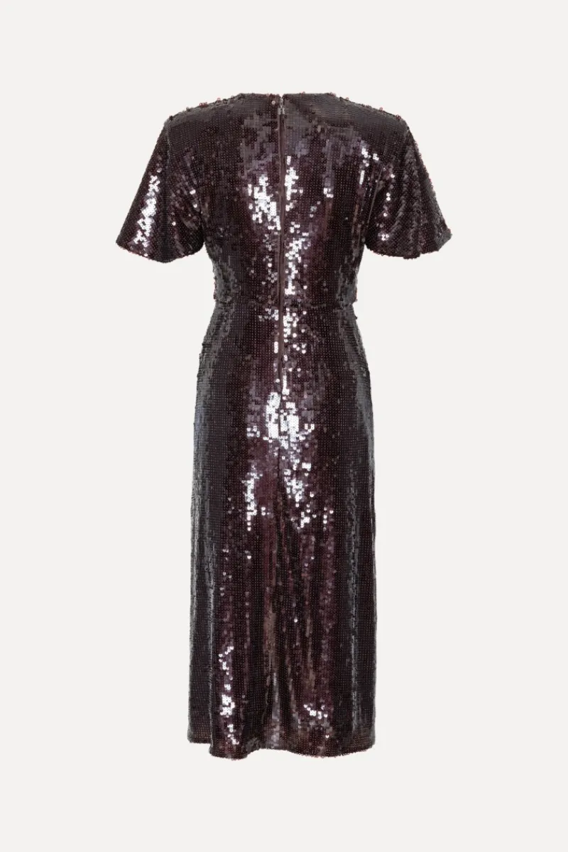 Sequins|Midi Dresses-ROTATE Birger Christensen Sequin Dress W. Slit Dark Brown Chocolate Plum (Brown) Comb. color