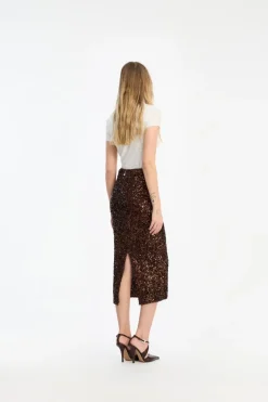 Skirts-ROTATE Birger Christensen Sequin Pencil Skirt Dark Brown CHICORY COFFEE color