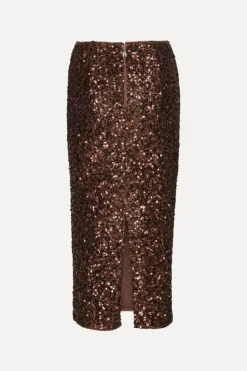 Skirts-ROTATE Birger Christensen Sequin Pencil Skirt Dark Brown CHICORY COFFEE color