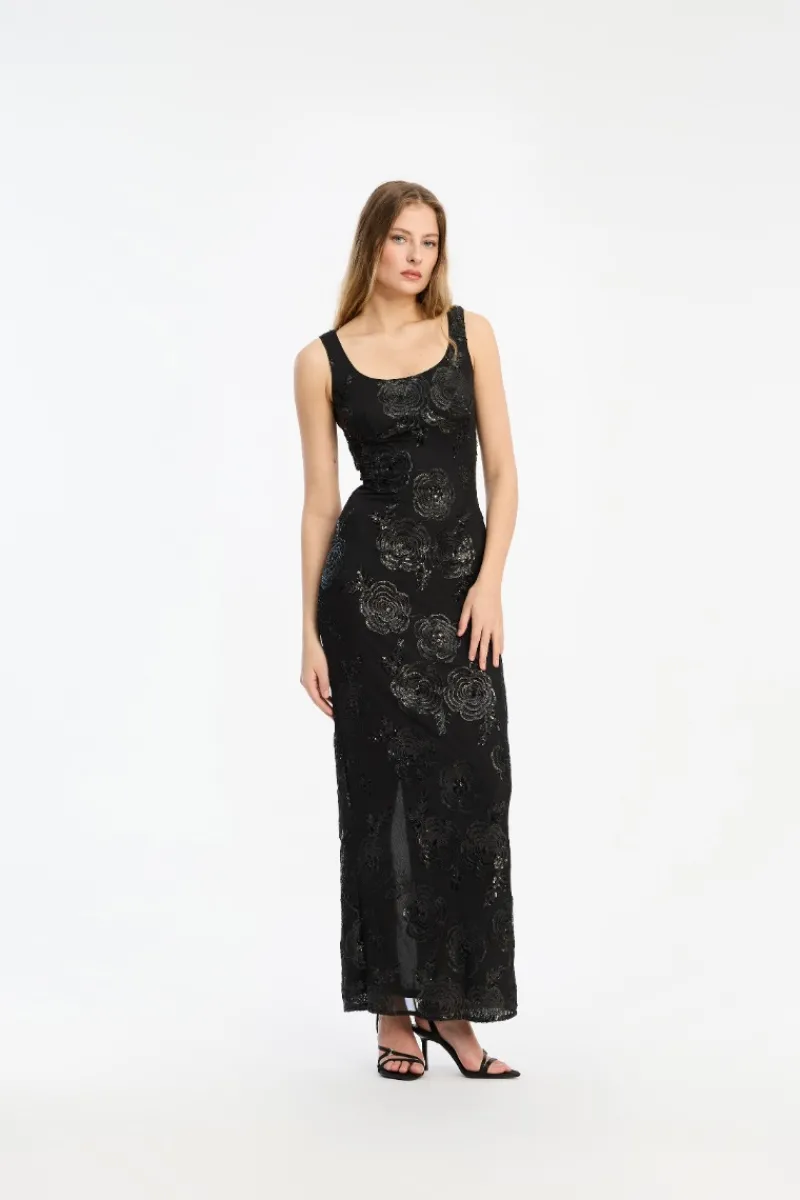 Maxi Dress|Dresses-ROTATE Birger Christensen Sequins Fitted Maxi Dress Black Black color