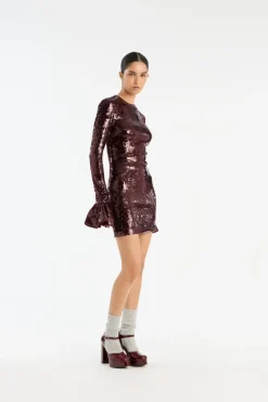 Sequins|Mini Dresses-ROTATE Birger Christensen Sequins Ls Mini Dress Burgundy Zinfandelcolor