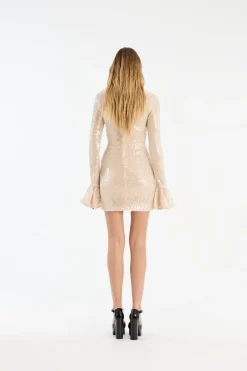 Sequins|Mini Dresses-ROTATE Birger Christensen Sequins Ls Mini Dress Creme Nougat color
