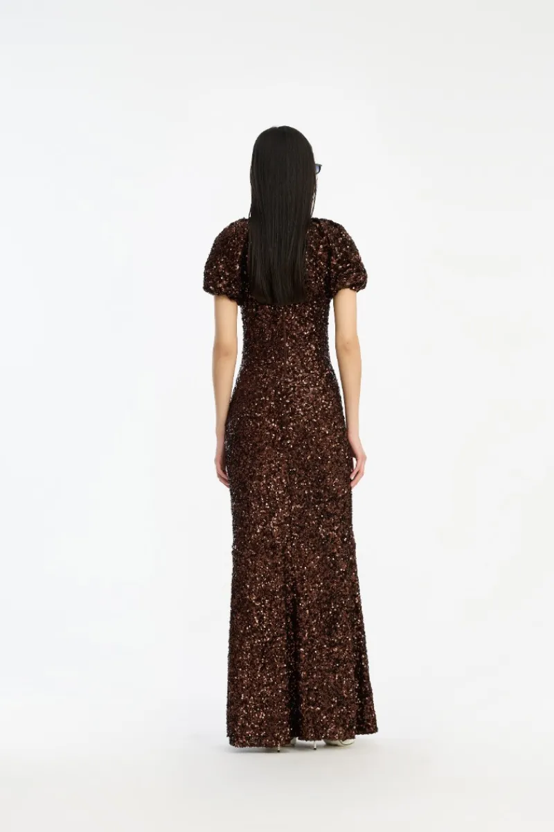 Sequins|Maxi Dress-ROTATE Birger Christensen Sequins Midi V-neck Dress Dark Brown CHICORY COFFEE color