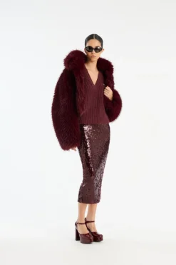 Skirts-ROTATE Birger Christensen Sequins Pencil Skirt Burgundy Zinfandelcolor