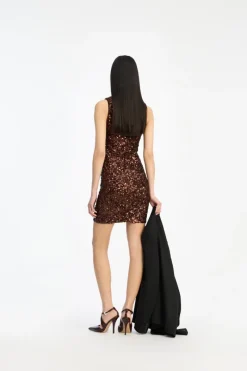 Sequins|Mini Dresses-ROTATE Birger Christensen Sequins Sleeveless Dress Dark Brown CHICORY COFFEE color