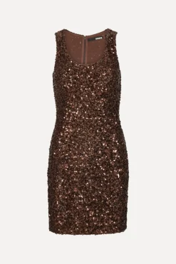 Sequins|Mini Dresses-ROTATE Birger Christensen Sequins Sleeveless Dress Dark Brown CHICORY COFFEE color