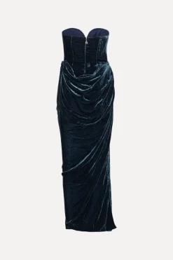 Dresses-ROTATE Birger Christensen Silk Velvet Slit Dress Dark Blue Graphite color