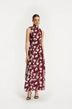 Maxi Dress|Dresses-ROTATE Birger Christensen Sleeveless Maxi Dress Bordeaux Flower Print Zinfandel Comb.color
