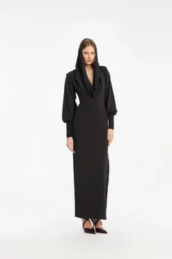 Maxi Dress|Dresses-ROTATE Birger Christensen Slinky Hooded Dress Black Black color