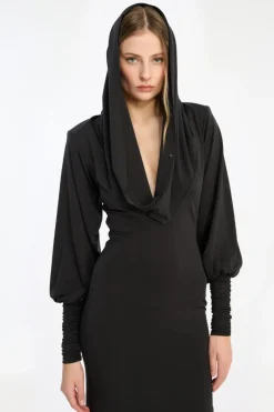 Maxi Dress|Dresses-ROTATE Birger Christensen Slinky Hooded Dress Black Black color