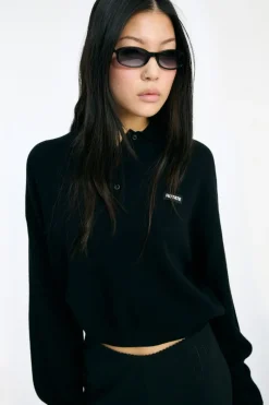 Knitwear|Tops-ROTATE Birger Christensen Slinky Knit Polo Black Black color