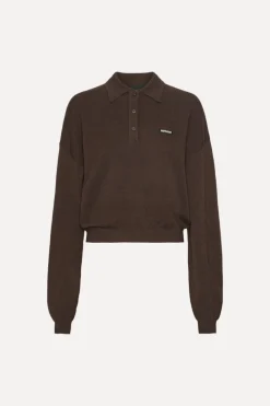 Knitwear|Tops-ROTATE Birger Christensen Slinky Knit Polo Dark Brown Molé color