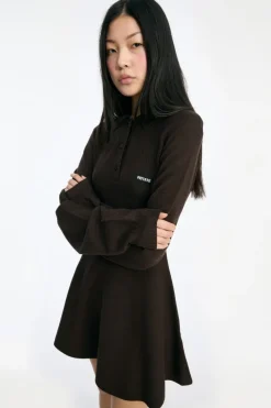 Mini Dresses|Knitwear-ROTATE Birger Christensen Slinky Knit Polo Dress Dark Brown Molé color