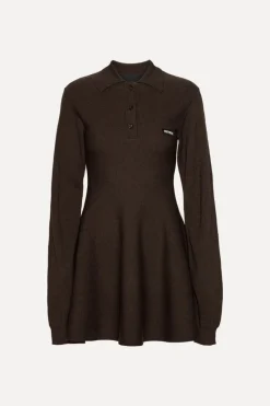 Mini Dresses|Knitwear-ROTATE Birger Christensen Slinky Knit Polo Dress Dark Brown Molé color