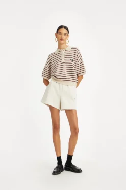 Knitwear|Tops-ROTATE Birger Christensen Slinky Knit Polo Striped Beige Oatmeal Comb. color