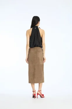 Skirts-ROTATE Birger Christensen Suede Midi Pencil Skirt Brown Morel color