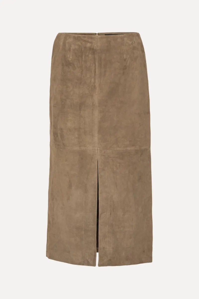 Skirts-ROTATE Birger Christensen Suede Midi Pencil Skirt Brown Morel color
