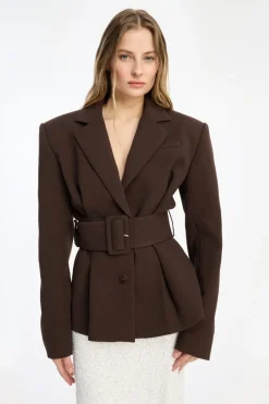 Outerwear-ROTATE Birger Christensen Suiting Belted Blazer Dark Brown CHICORY COFFEE color