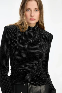 Tops-ROTATE Birger Christensen Velvet Draped Top Black Black color