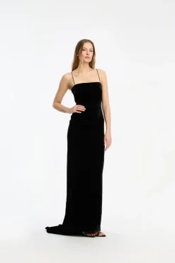 Maxi Dress|Dresses-ROTATE Birger Christensen Velvet Maxi Train Dress Black Black color
