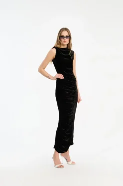 Midi Dresses|Dresses-ROTATE Birger Christensen Velvet Ruched Midi Dress Black Black color
