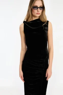 Midi Dresses|Dresses-ROTATE Birger Christensen Velvet Ruched Midi Dress Black Black color