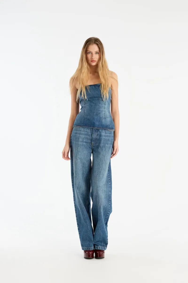 Pants-ROTATE Birger Christensen Wide Leg 5 Pocket Pants Blue Medium Blue Denim color